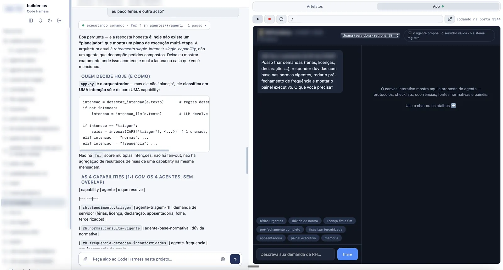 Onni Builder code harness: a request in chat on the left, the generated app running on the right