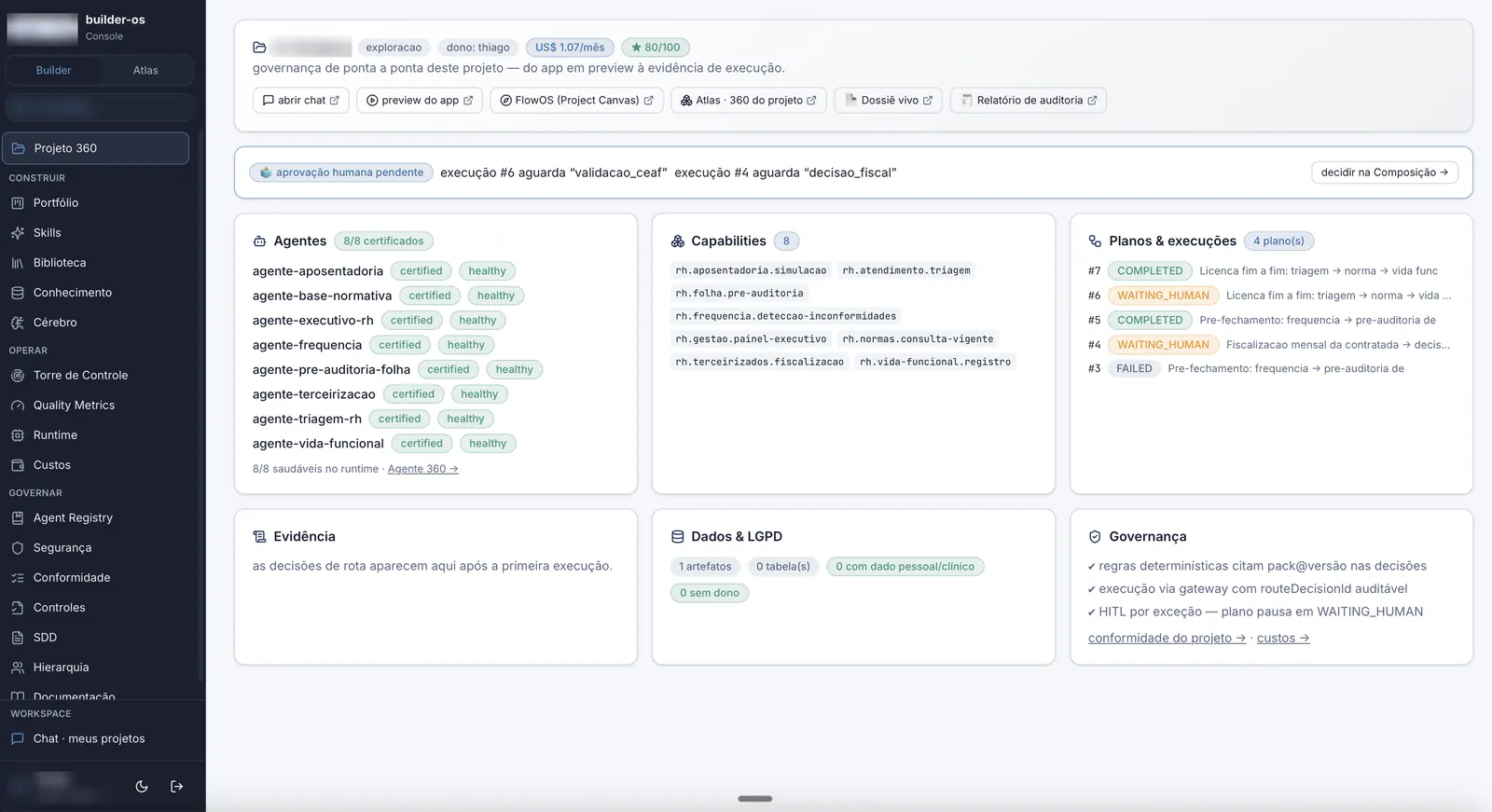 Project view of a legacy refactoring with certified agents and governance status